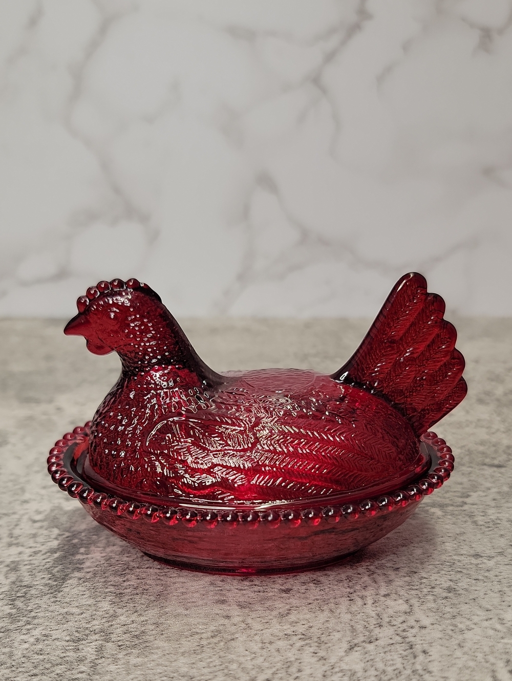 Red Glass Hen on a nest HON